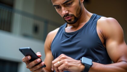 A fit man in athletic wear is checking out a smartwatch while holding a smartphone, signifying modern fitness culture, wearable technology, and the integration of smart devices into exercise routines.