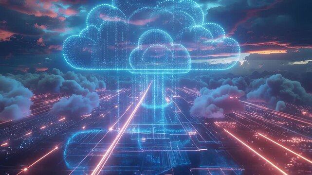 Futuristic Cloud Network Visualization with Neon Light Trails.
