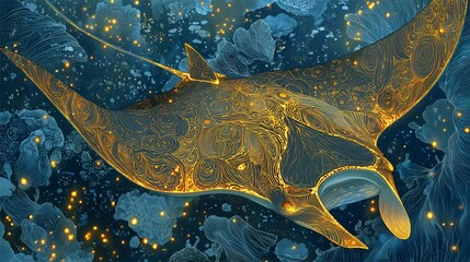 Golden Manta Ray Swimming in Dark Blue Ocean with Glowing Lights