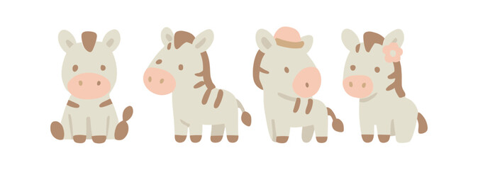 Obraz premium Cute cartoon zebras with accessories in pastel colors