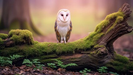 A barn owl perched on a mosscovered log centerframe in a blurred forest setting