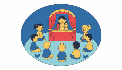 Obraz premium A circle of children watching a puppet show performed by a teacher each child captivated by the colorful characters.