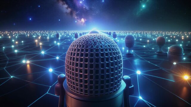 Futuristic Microphone Surrounded By Digital Network Lights On Stage.