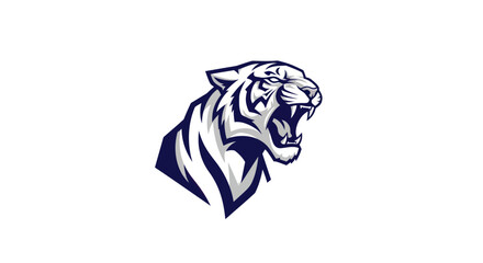 Roaring tiger head illustration in bold blue and white colors on clean background
