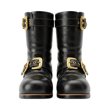 Black Leather Motorcycle Boots with Multiple Gold Buckles