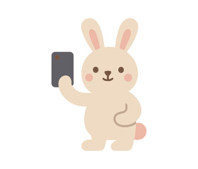 Cute cartoon bunny taking selfie with smartphone on white background