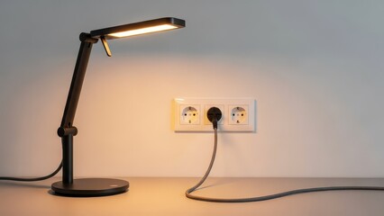 A desk lamp illuminates a wall outlet with a plug inserted set on a flat surface against a neutral background