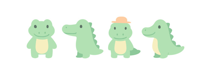 Cute cartoon dinosaur characters in green with hat in minimalist style