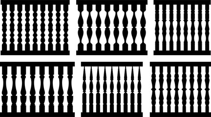 Collection of different black seamless railings isolated on white background