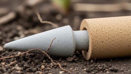 A gray pointed spike with a porous cylindrical attachment rests on dark soil outdoors