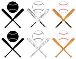 Collection of different crossed baseball bats isolated on white background