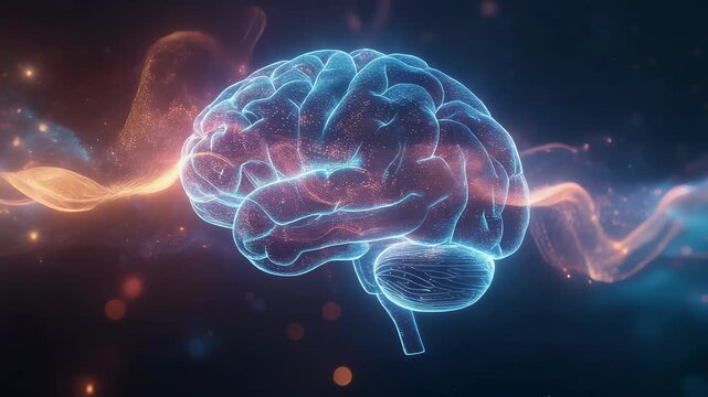 Glowing Blue Brain Neural Network Energy Visualization.