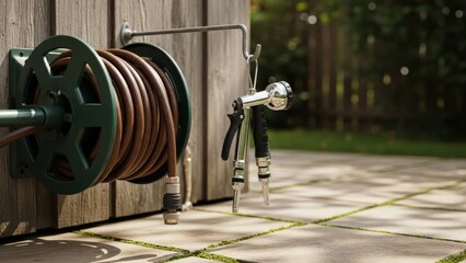A neatly coiled brown garden hose is mounted on a wooden wall with a chrome nozzle hanging nearby The scene is bathed in soft natural light