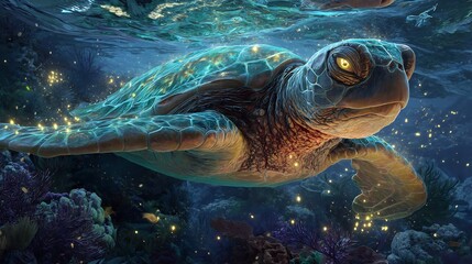 Obraz premium Sea Turtle Swimming Underwater in Ocean with Coral Reef