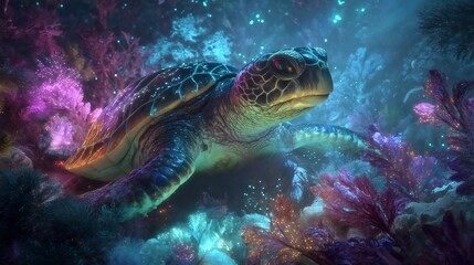 Obraz premium Sea Turtle Swimming Through Colorful Coral Reef Underwater