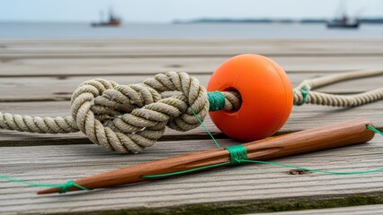 A rope knot orange buoy and wooden tool sit on weathered planks with distant boats blurred in the background