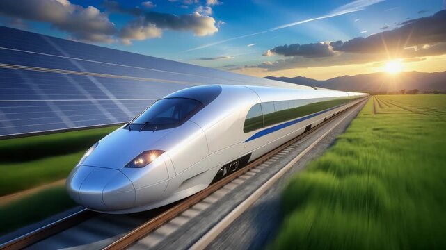 High speed solar powered train gliding through sunlit fields.