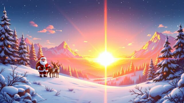 Santa claus and reindeer in snowy mountain sunset