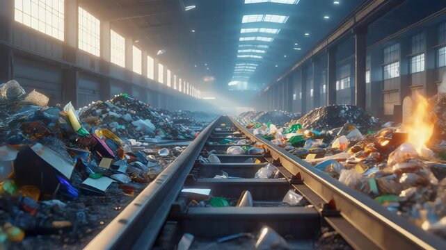 Inside a sprawling recycling plant conveyor belt flanked by piles of trash.