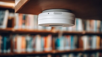 Medium shot of an IoT sensor mounted on a library ceiling capturing realtime occupancy data for optimized space utilization