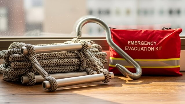An emergency evacuation kit with a rope ladder and red bag sitting on a wooden surface - Powered by Adobe