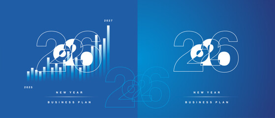 2026 Happy New Year modern overlap line design numbers typography. Set collection of 2026 business success strategy plan white blue icon logo chart template blue background