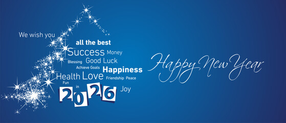 Naklejka na ściany i meble Happy New Year 2026 white negative space numbers abstract stars shaped christmas tree wordcloud text white blue background vector greeting card