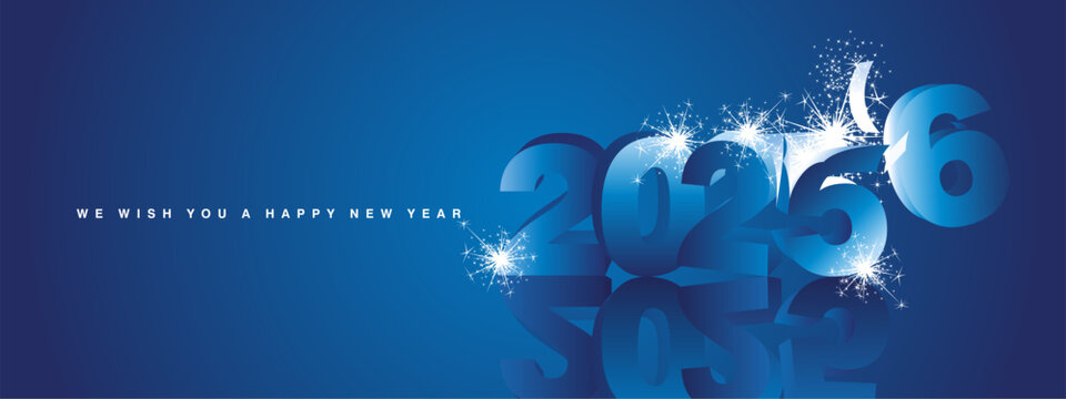 We wish you a Happy New Year 2026, modern design, with 3D blue exploding glitter sparkle fireworks for 2025 and 2026 is comming in blue background