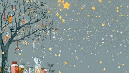 Whimsical medical tree with stars and healthcare tools
