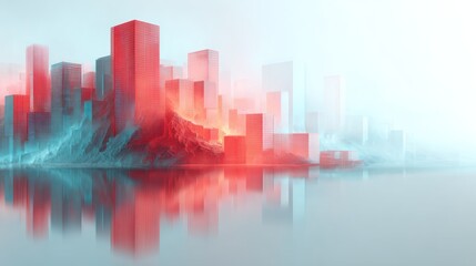 Fototapeta premium Abstract cityscape with red and blue hues reflecting on water surface