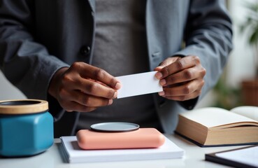 Obraz premium Man holding blank business card over desk with tech accessories and notebook