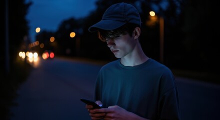 Fototapeta premium Teenage male using smartphone alone on dark street at night with soft lighting