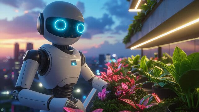 Robot Gardener Keeps Balcony Garden Safe at Sunset.