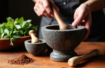 Hands grinding spices in a stone mortar with wooden pestle on wood surface