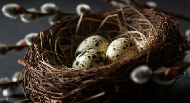Bird nest with speckled quail eggs resting among pussy willow branches