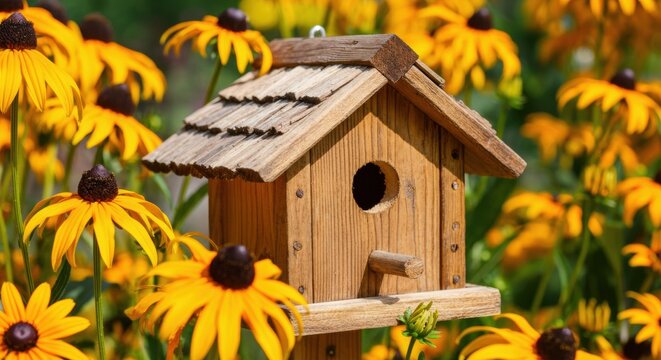 Wooden birdhouse perched among bright yellow black-eyed Susans in a sunny garden - Powered by Adobe