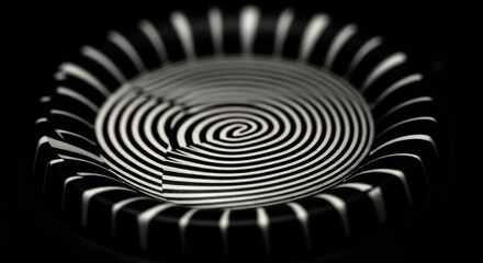 Spiral metal component surrounded by radial fins in monochrome close-up