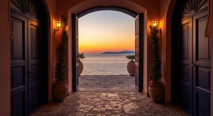 Obraz premium Open doorway overlooking calm sea at sunset with stone terrace and pots