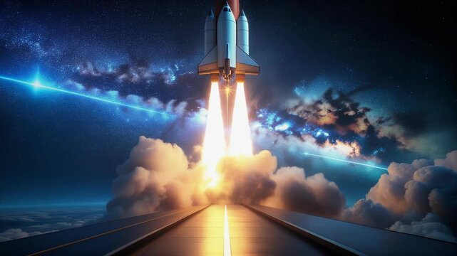 Spectacular rocket launch rising into night sky.