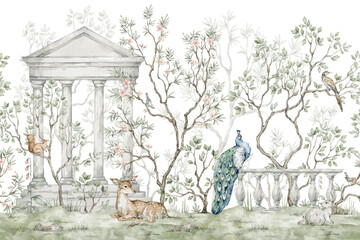 Obraz premium Watercolor seamless border with chinoiserie motifs. Forest woodland creatures, deers, peacock, ancient architecture, green blooming trees. Nature decoration for wallpaper, murals.