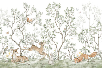 Watercolor seamless border with chinoiserie motifs. Forest woodland creatures, deers, fox, squirrel, green blooming trees. Nature decoration for wallpaper, murals. © Kate K.