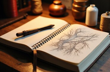 Open sketchbook with pen and botanical ink drawing softly lit on wooden desk