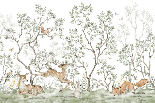 Watercolor seamless border with chinoiserie motifs. Forest woodland creatures, deers, fox, squirrel, green blooming trees. Nature decoration for wallpaper, murals.
