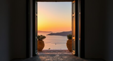 Obraz premium Open doorway framing coastal sunset over calm sea and distant golden islands
