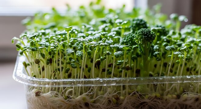 Fresh broccoli sprouts with water droplets growing indoors