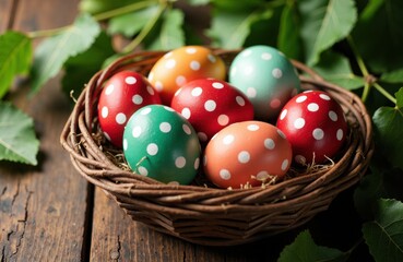 Colorful polka dot Easter eggs in a wicker basket on a rustic wooden table