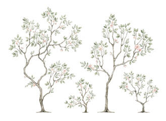 Watercolor tree with flowers in chinoiserie style. Spring greenery with pink flowers.  © Kate K.