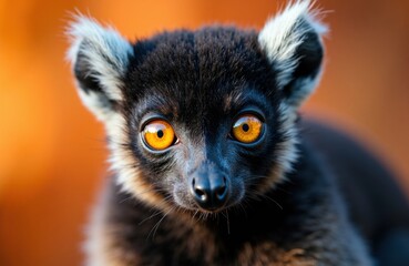 Obraz premium Lemur gazes at the camera with bright orange eyes and fluffy ears up close