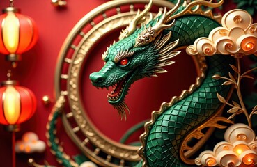 Fototapeta premium Green dragon sculpture with ornate gold details against red lantern background