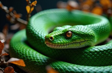 Fototapeta premium Green snake rests coiled among autumn leaves in close woodland light today